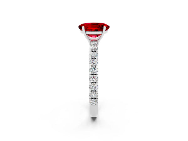 Platinum Oval Cut Ruby Pavé Solitaire Engagement Ring with Four-Prong Setting