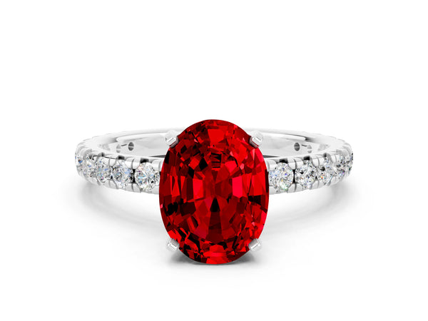 Platinum Oval Cut Ruby Pavé Solitaire Ring with Round Band and Prong Setting