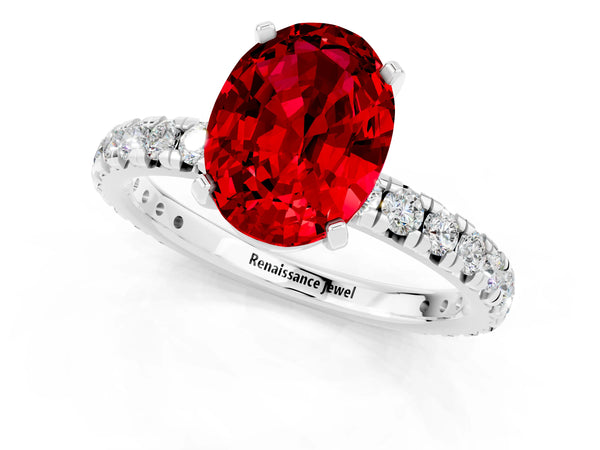 Platinum Oval Cut Ruby Pavé Solitaire Ring with Round Band and Prong Setting