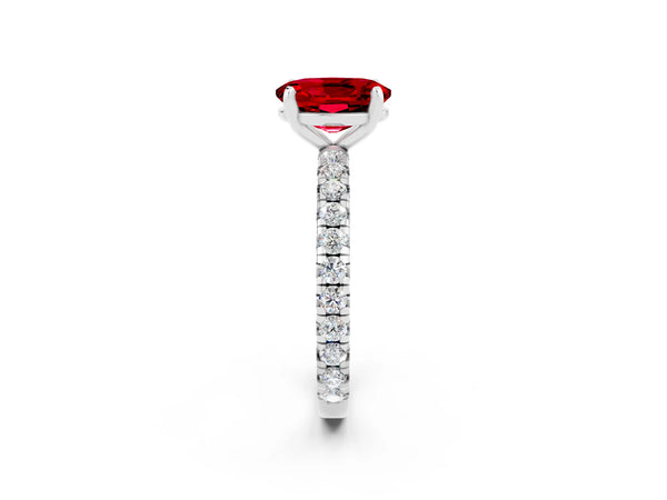 White gold Oval Cut Ruby Pavé Solitaire Ring with Round Band and Prong Setting