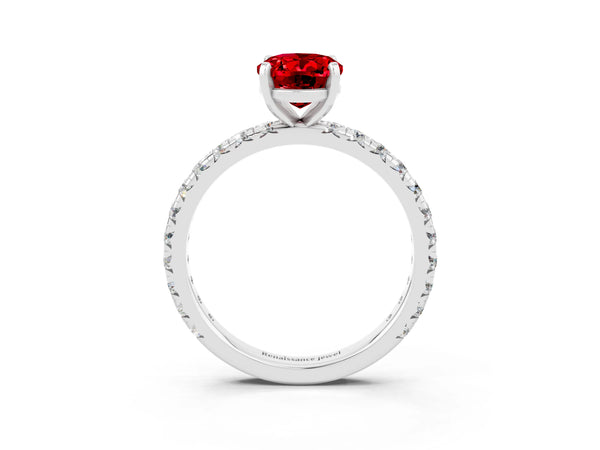 Platinum Oval Cut Ruby Pavé Solitaire Ring with Round Band and Prong Setting