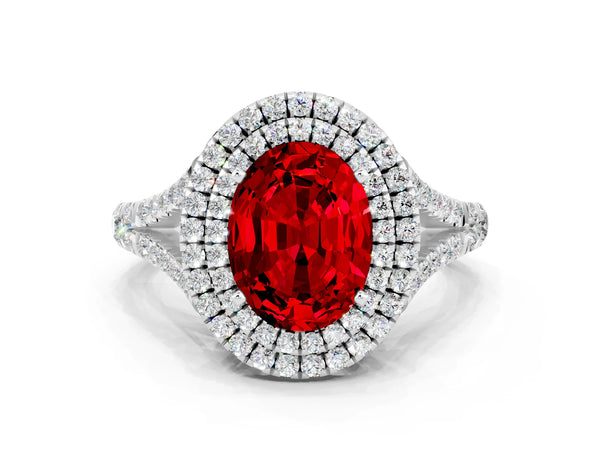 Platinum Oval Cut Ruby Pavé Split Shank Double Halo Engagement Ring