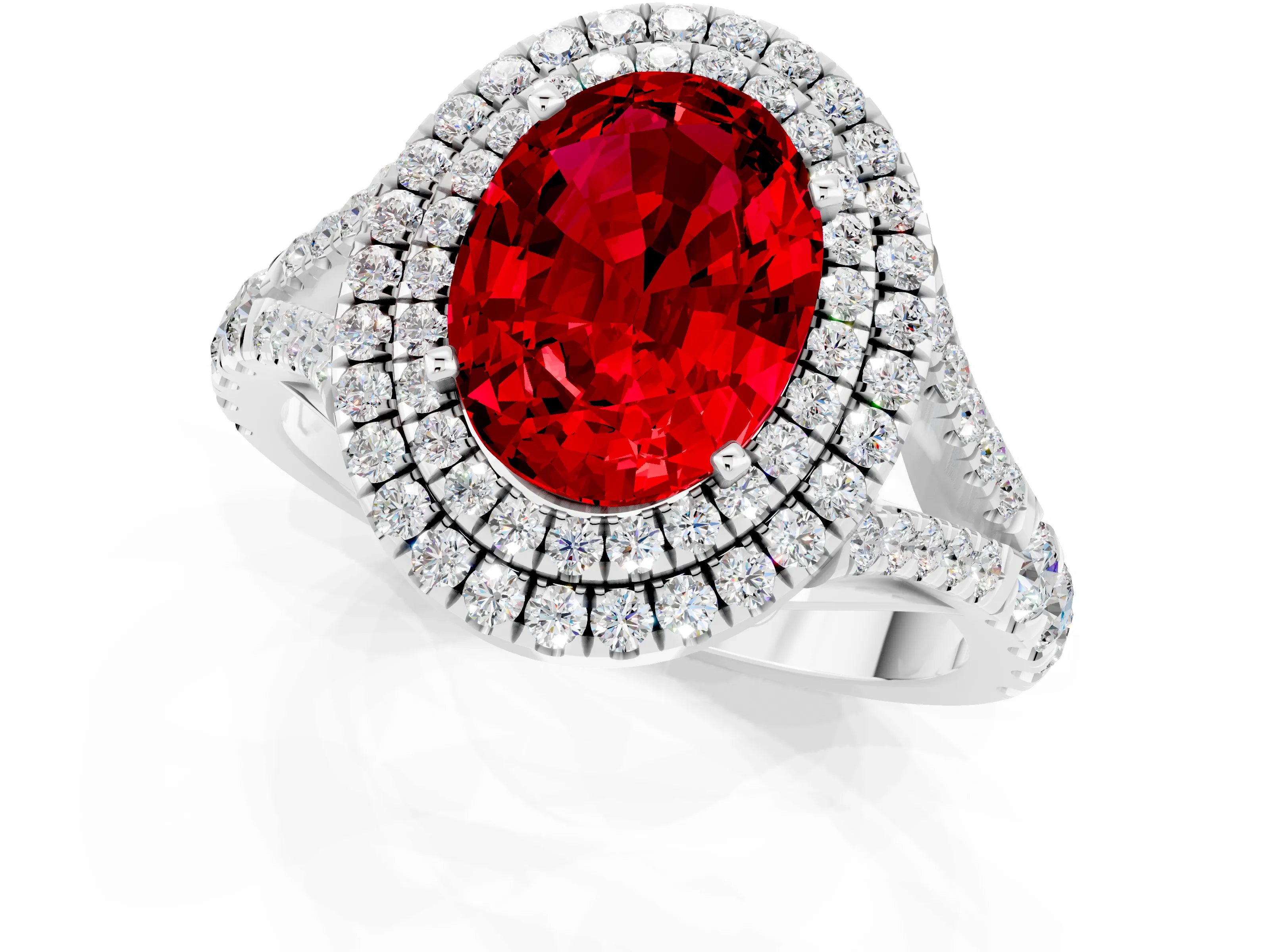 White gold Oval Cut Ruby Pavé Split Shank Double Halo Engagement Ring_1