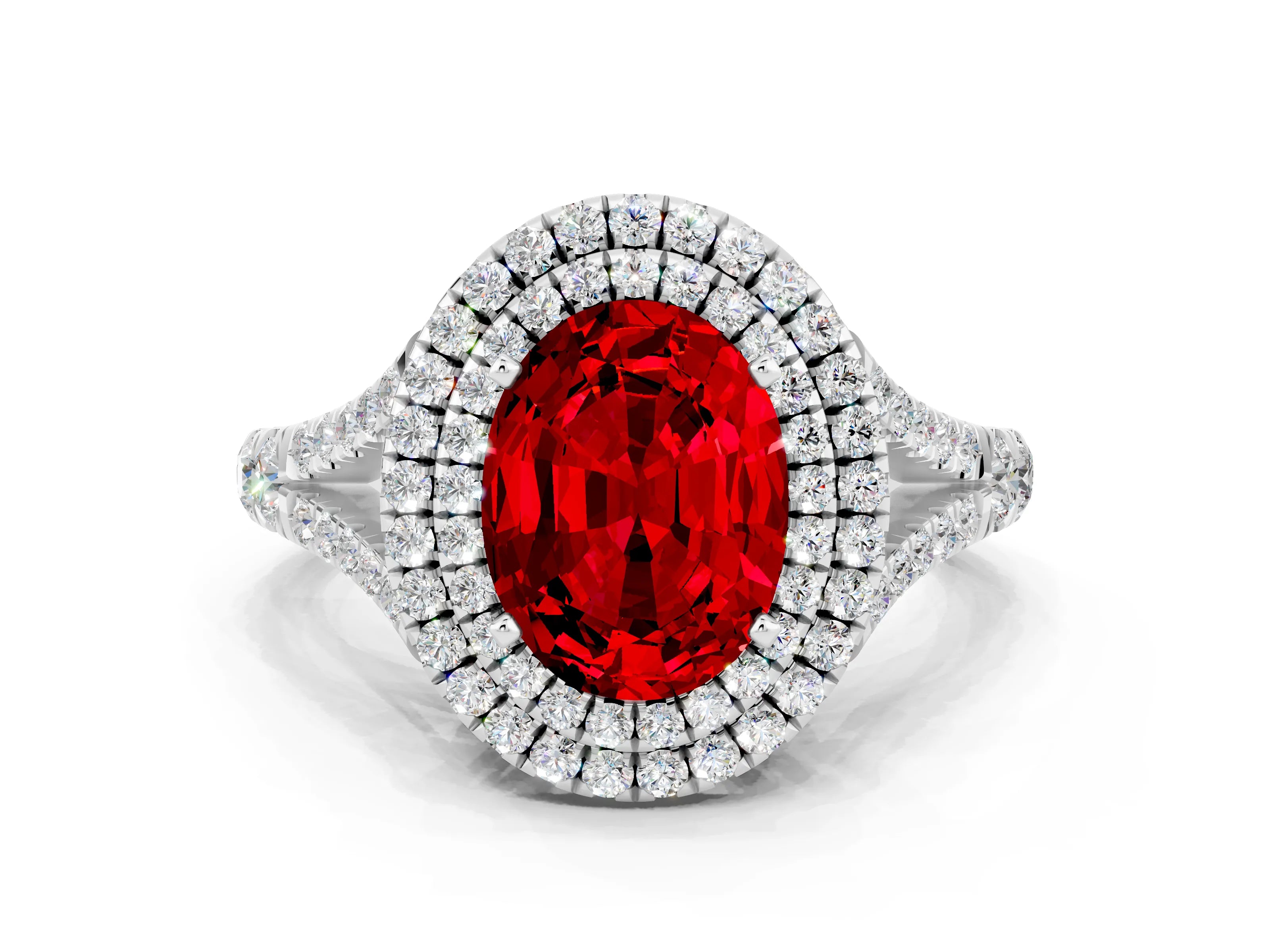 White gold Oval Cut Ruby Pavé Split Shank Double Halo Engagement Ring