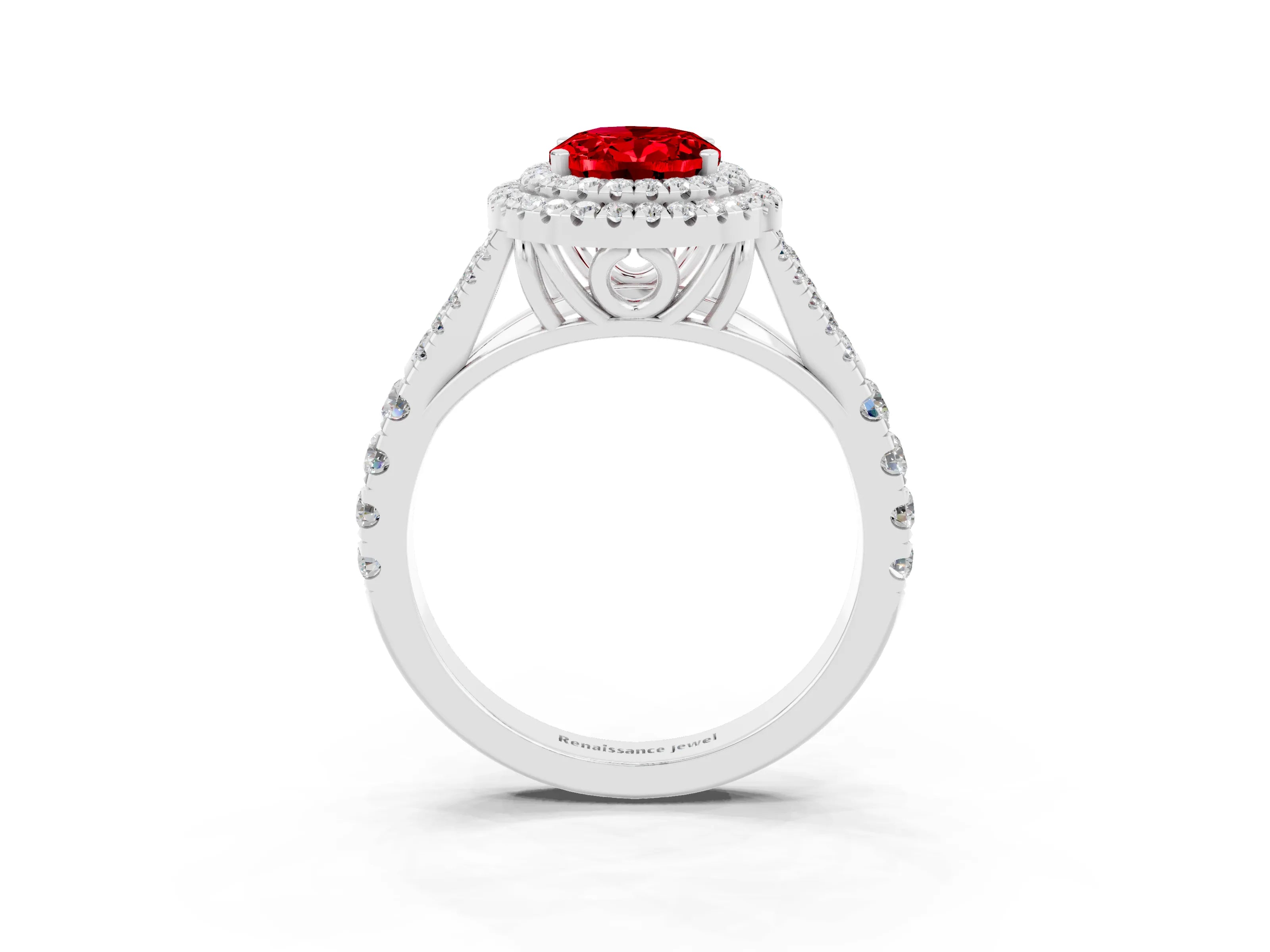 White gold Oval Cut Ruby Pavé Split Shank Double Halo Engagement Ring_3