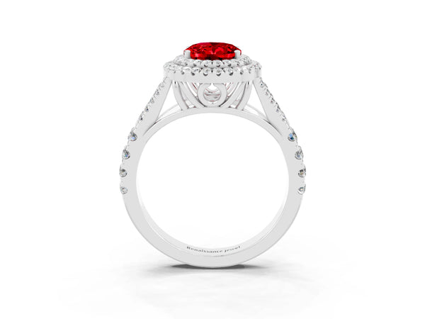 Silver Oval Cut Ruby Pavé Split Shank Double Halo Engagement Ring