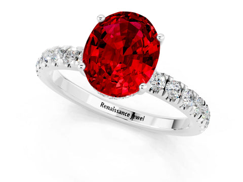 White gold Oval Cut Ruby Pave Band Solitaire Ring with Four-Prong Setting_25