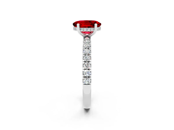 White gold Oval Cut Ruby Pave Band Solitaire Ring with Round  and Prong Setting