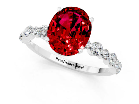 White gold Oval Cut Ruby Prong Set Engagement Ring with Pavé Band_1