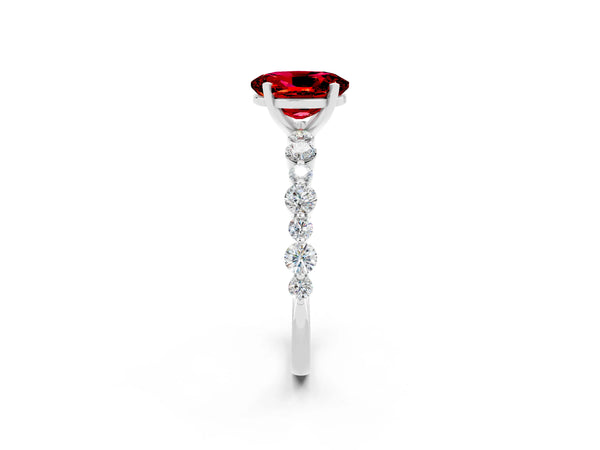 Silver Oval Cut Ruby Prong Set Engagement Ring with Pavé Band