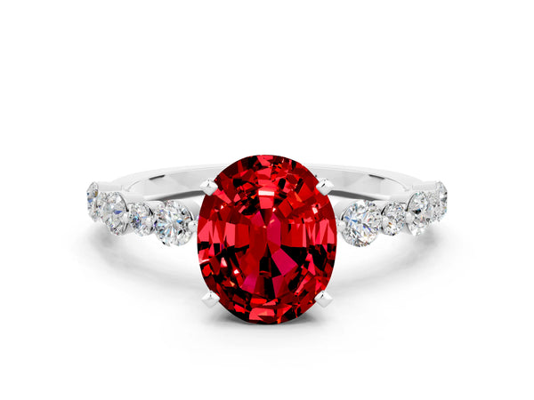 Silver Oval Cut Ruby Prong Set Engagement Ring with Pavé Band