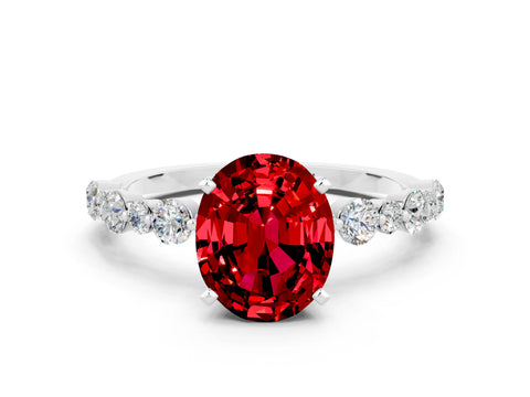 White gold Oval Cut Ruby Prong Set Engagement Ring with Pavé Band