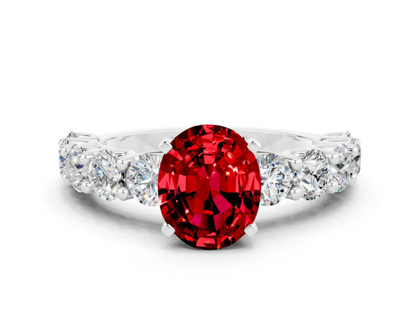 Silver Oval Cut Ruby Prong Setting with Side Stones on a Pave Band
