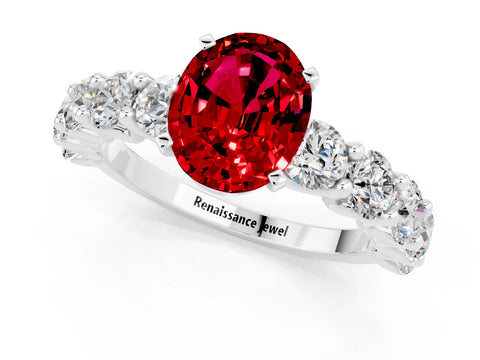 White gold Oval Cut Ruby Prong Setting with Side Stones on a Pave Band_1