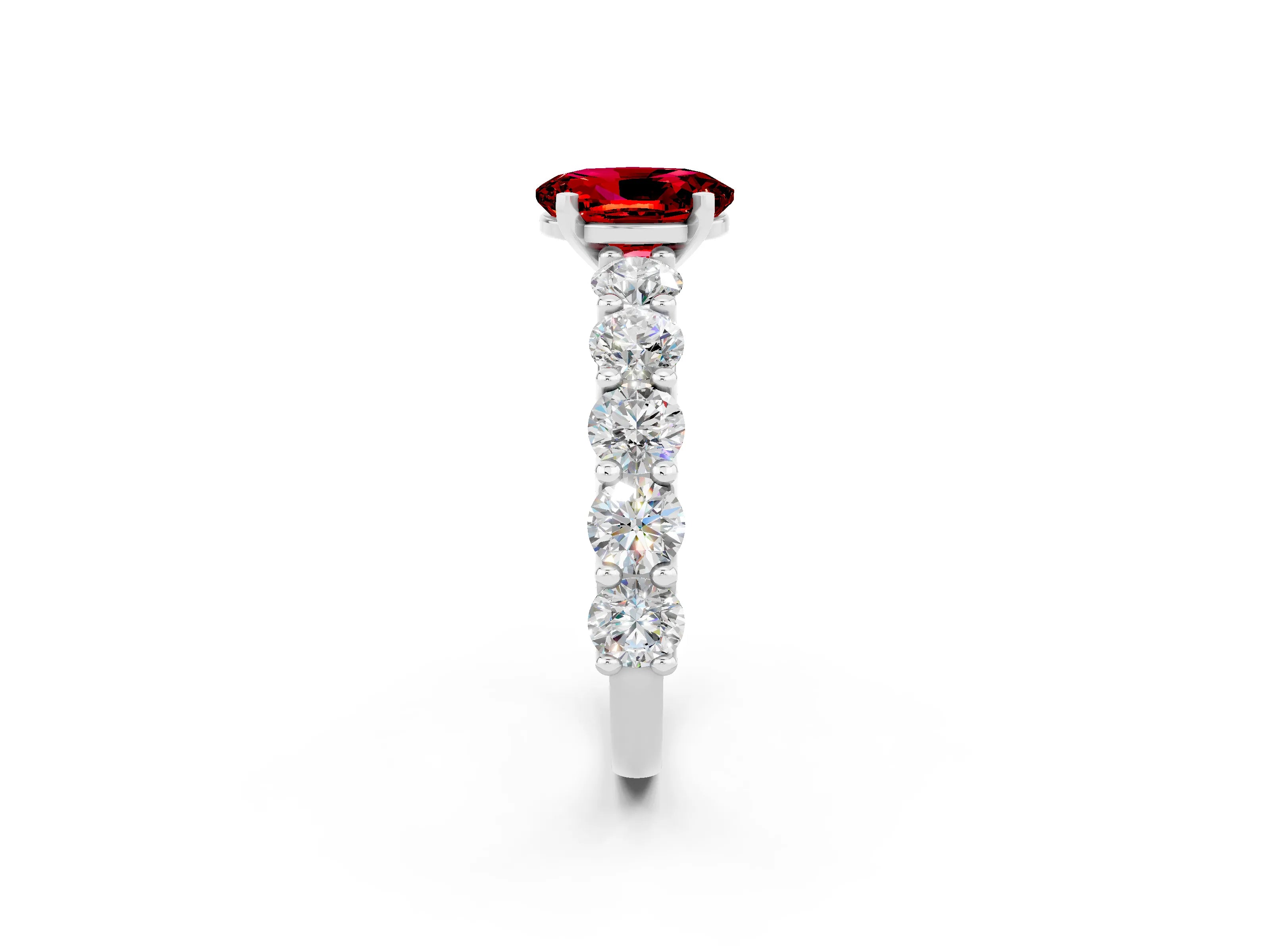 White gold Oval Cut Ruby Prong Setting with Side Stones on a Pave Band_2