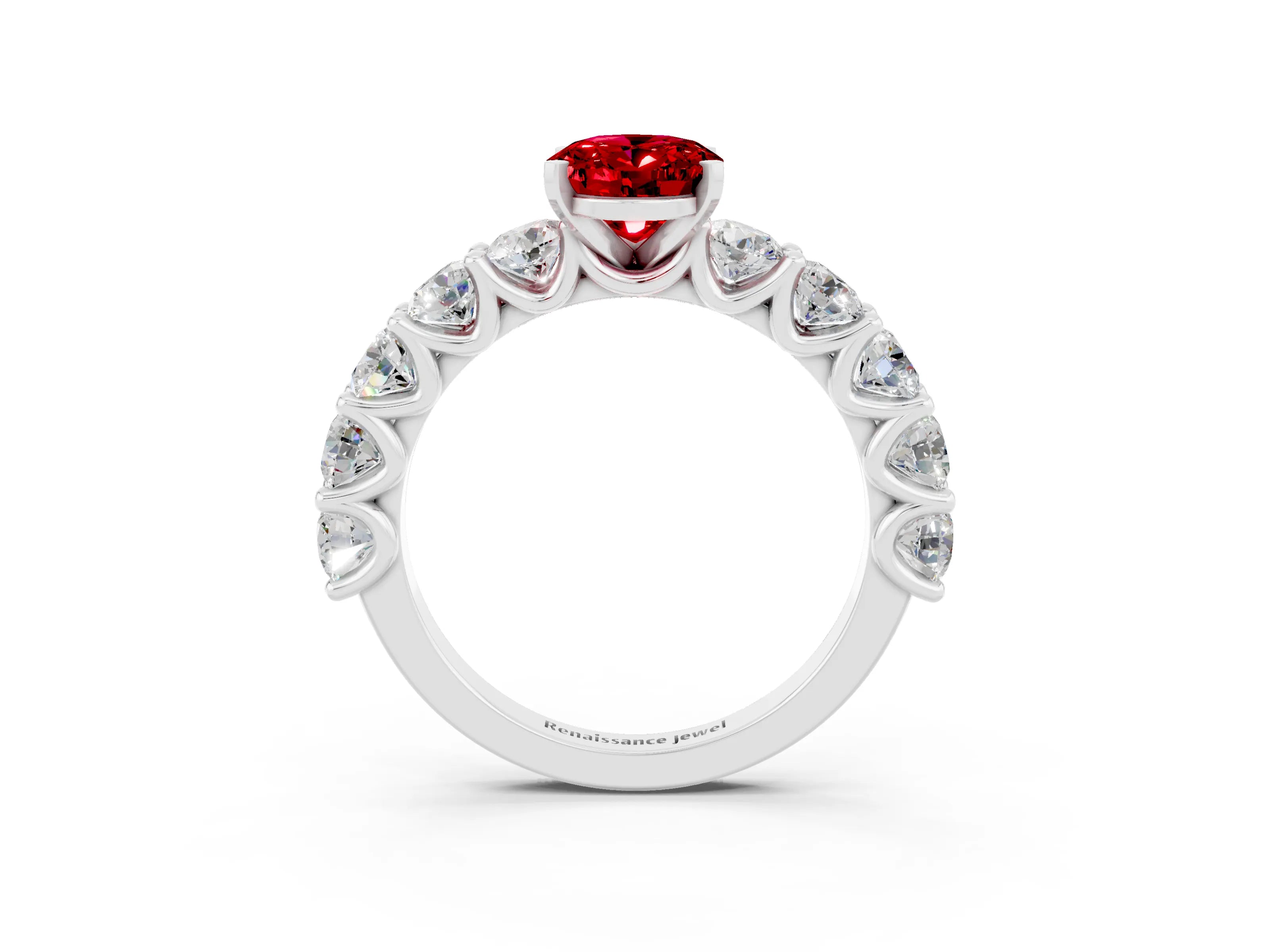 White gold Oval Cut Ruby Prong Setting with Side Stones on a Pave Band_3