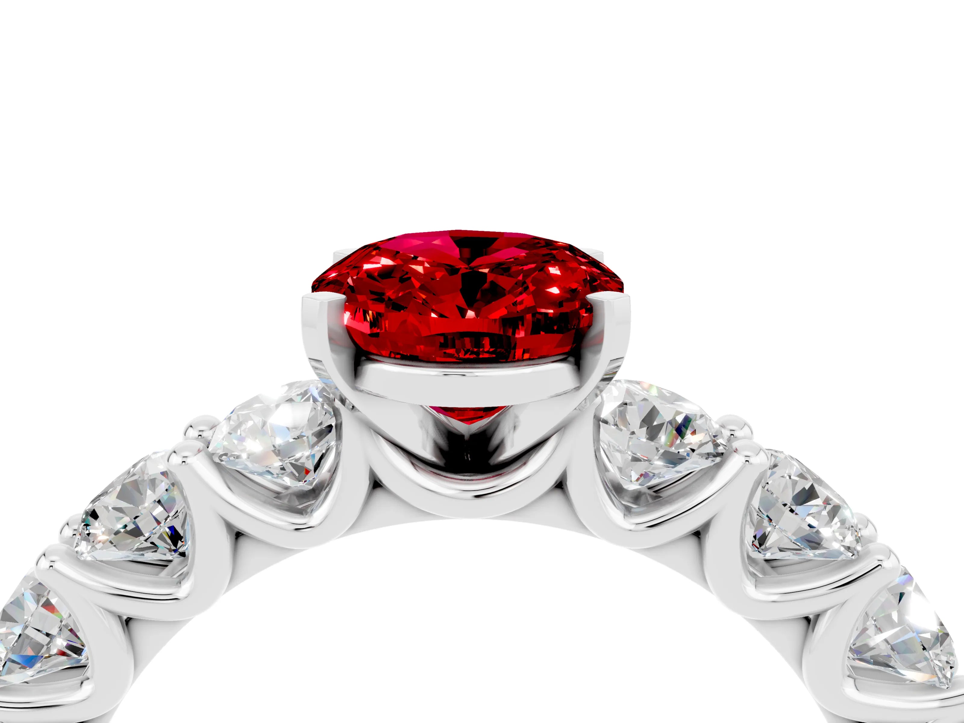 White gold Oval Cut Ruby Prong Setting with Side Stones on a Pave Band_4