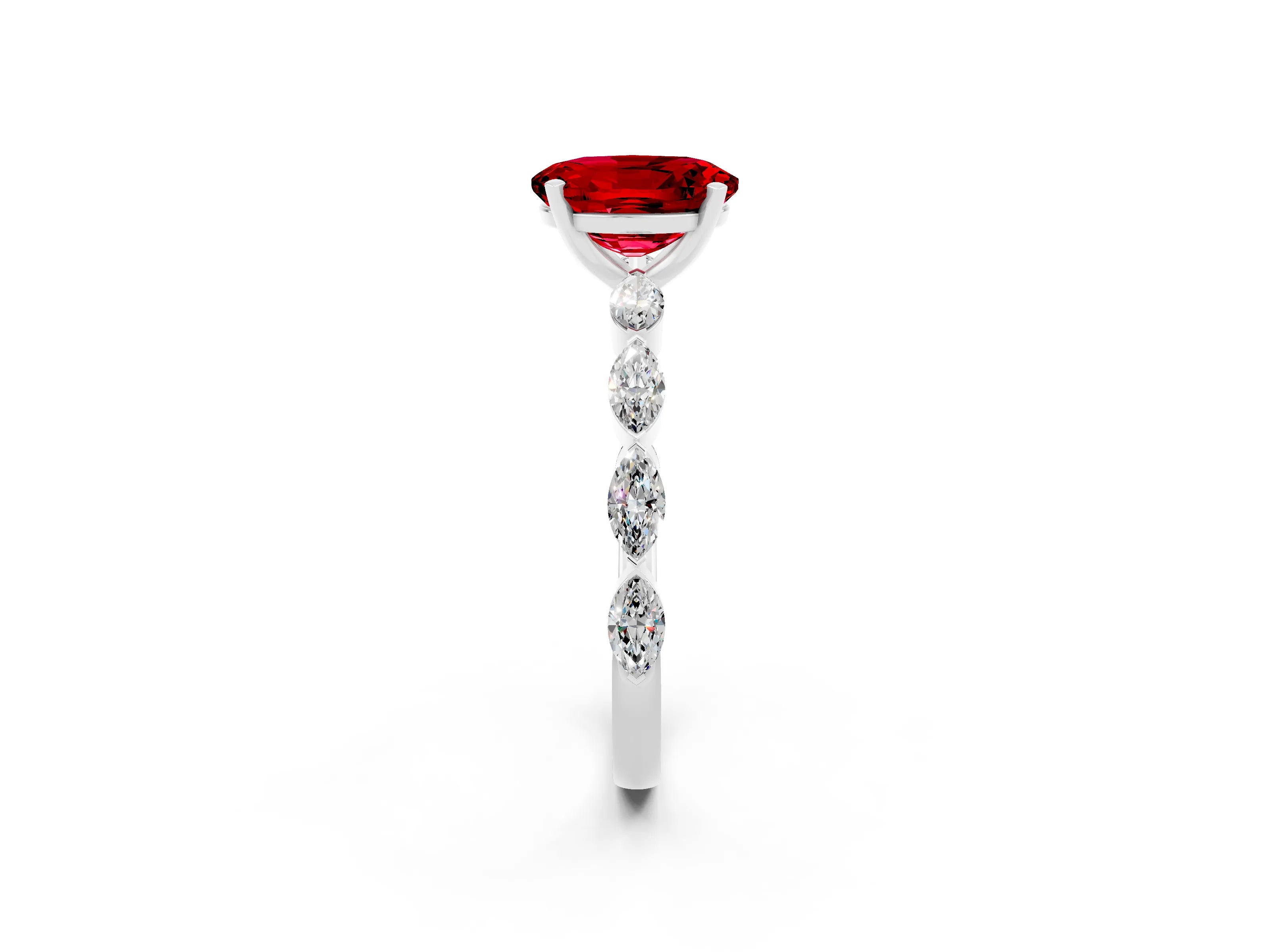 White gold Oval Cut Ruby Ring with Marquise Side Stones and Prong Setting_2