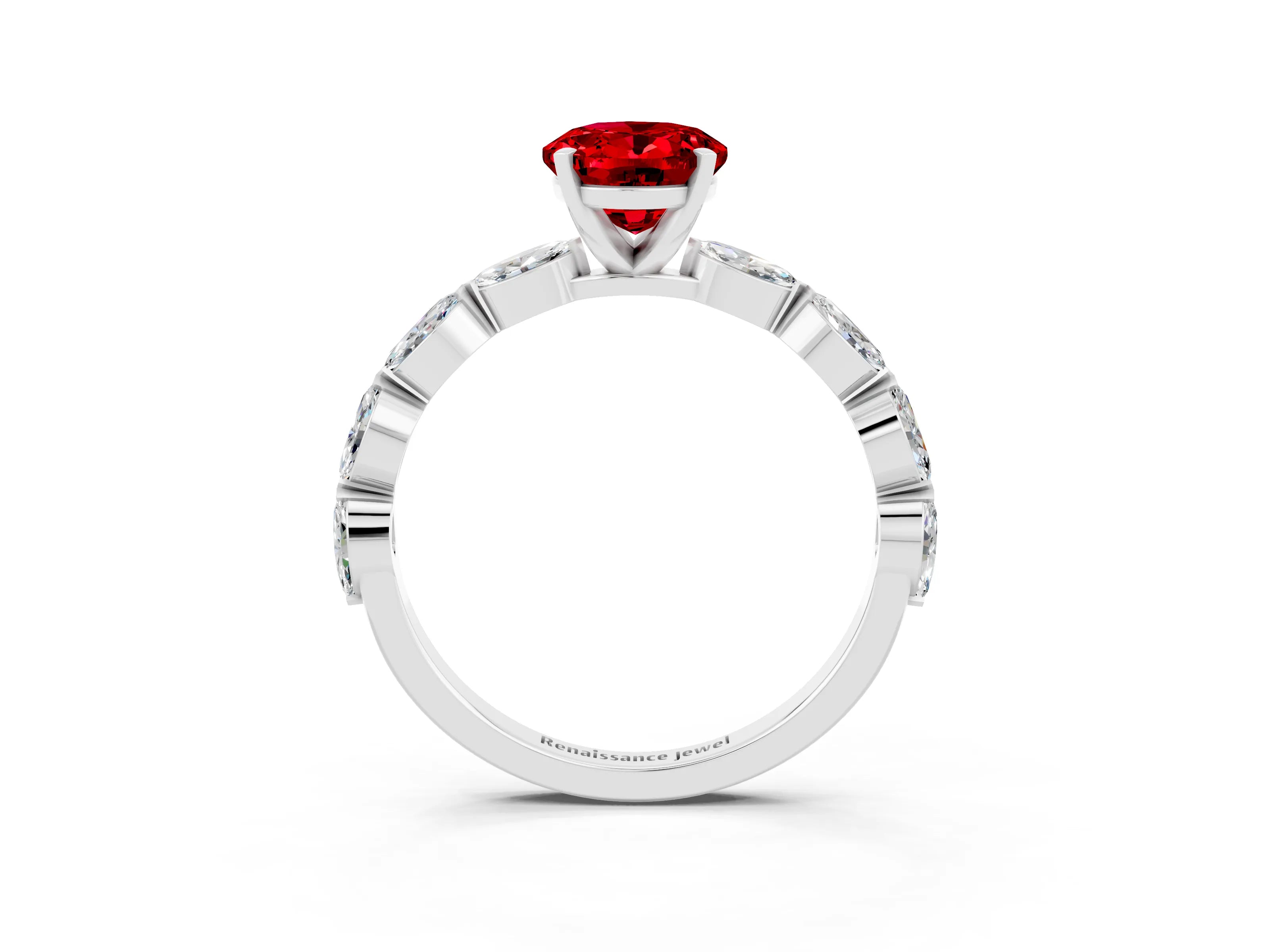 White gold Oval Cut Ruby Ring with Marquise Side Stones and Prong Setting_3