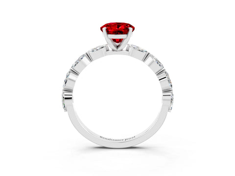 White gold Oval Cut Ruby Ring with Marquise Side Stones and Prong Setting_3