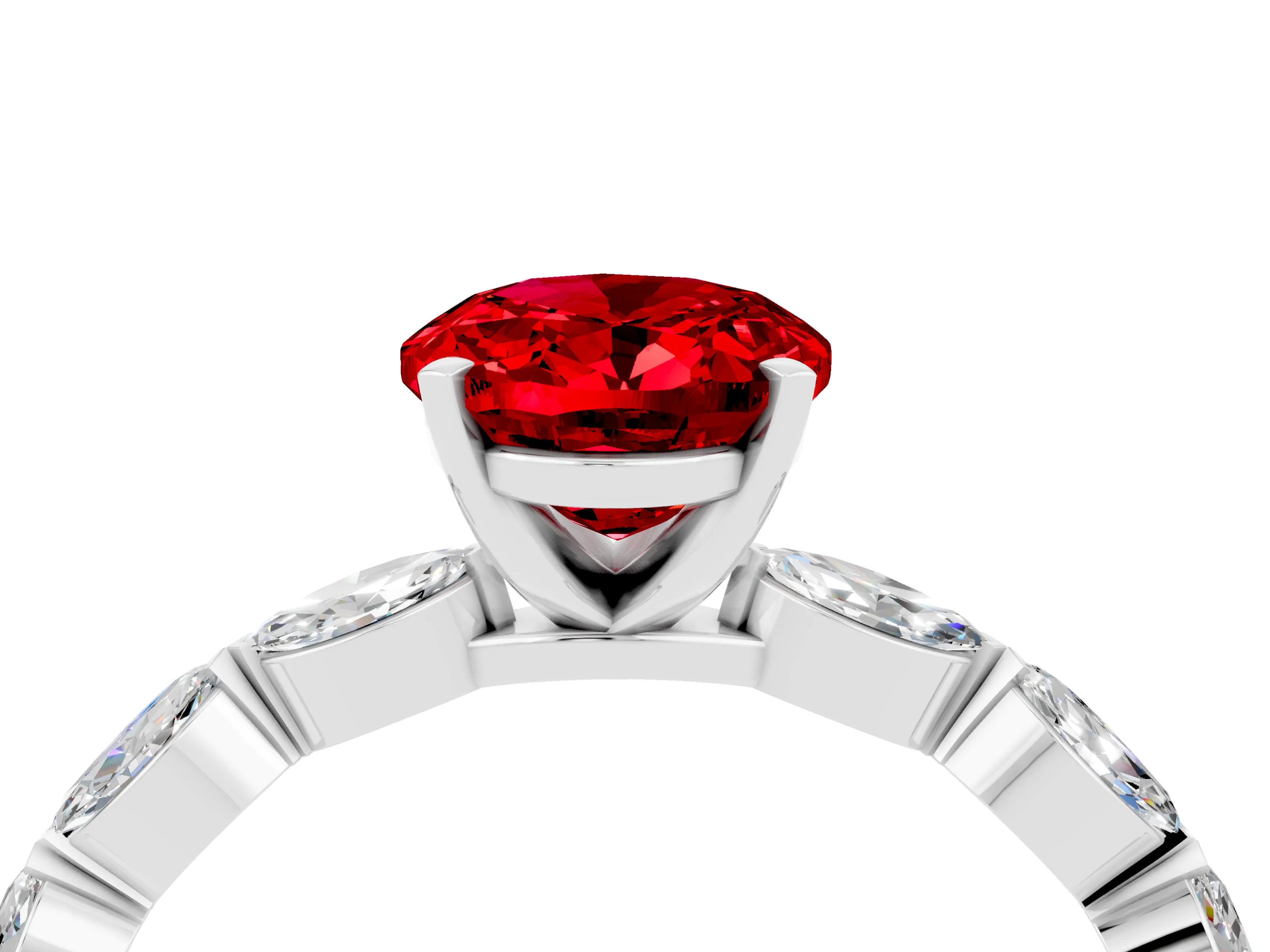 White gold Oval Cut Ruby Ring with Marquise Side Stones and Prong Setting_4