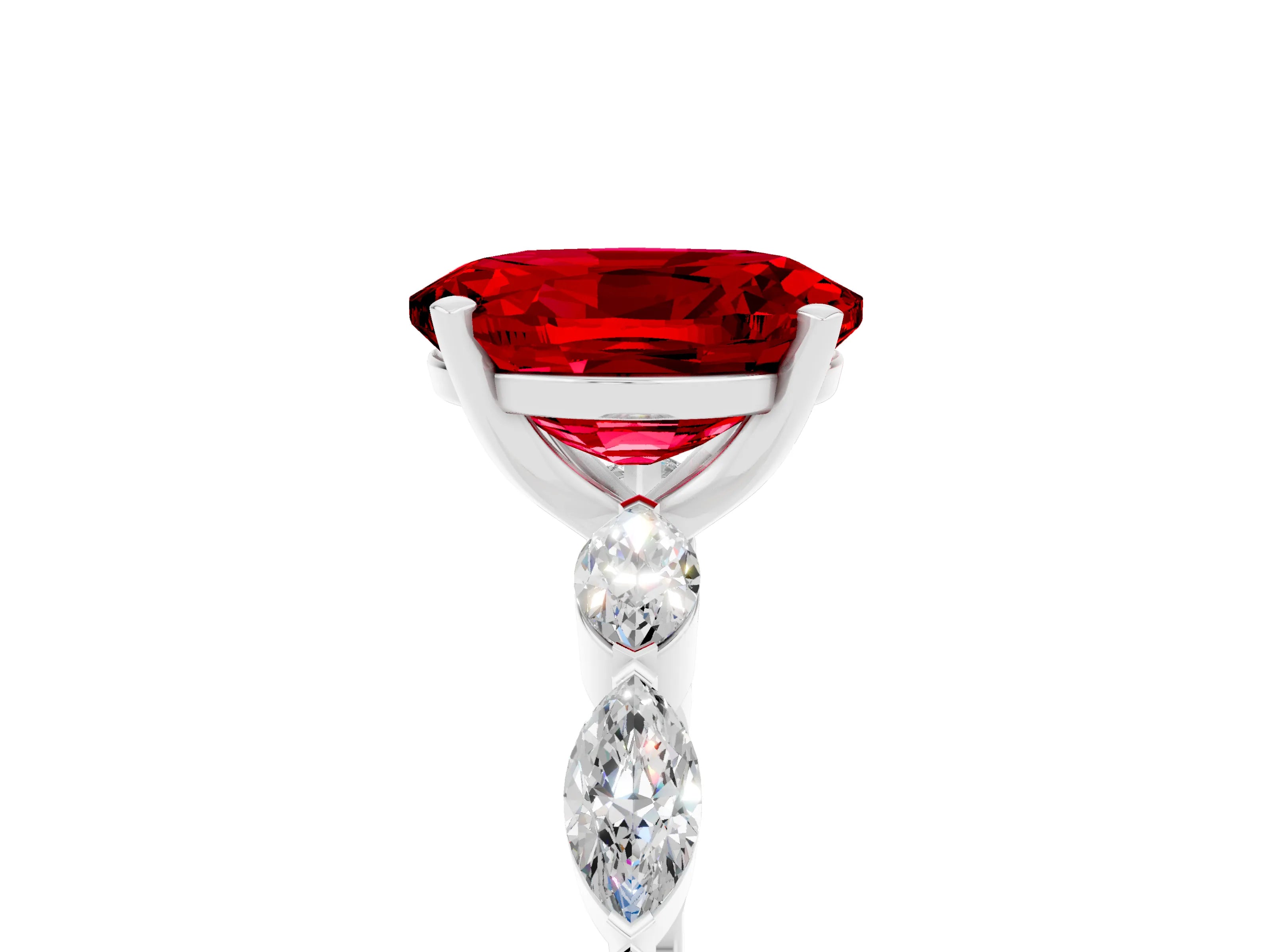 White gold Oval Cut Ruby Ring with Marquise Side Stones and Prong Setting_5