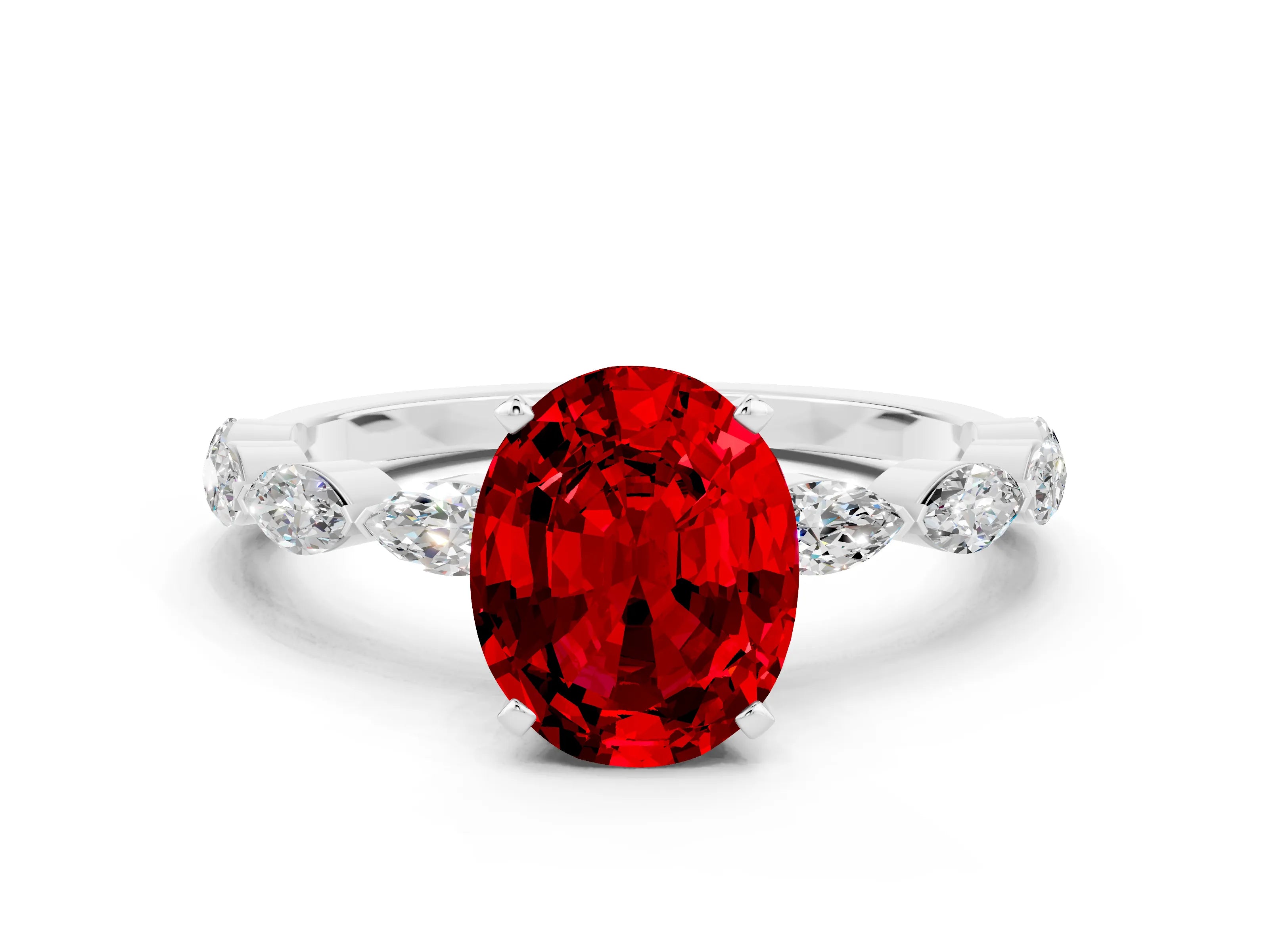 White gold Oval Cut Ruby Ring with Marquise Side Stones and Prong Setting