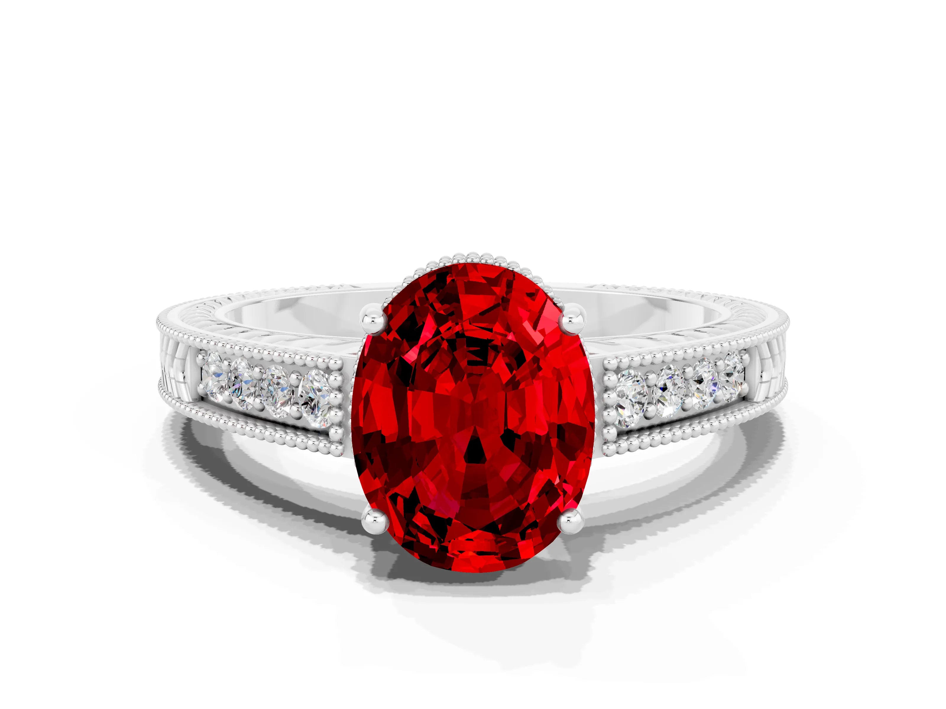 White gold Oval Cut Ruby Ring with Milgrain Pavé Band and Four-Prong Setting_12