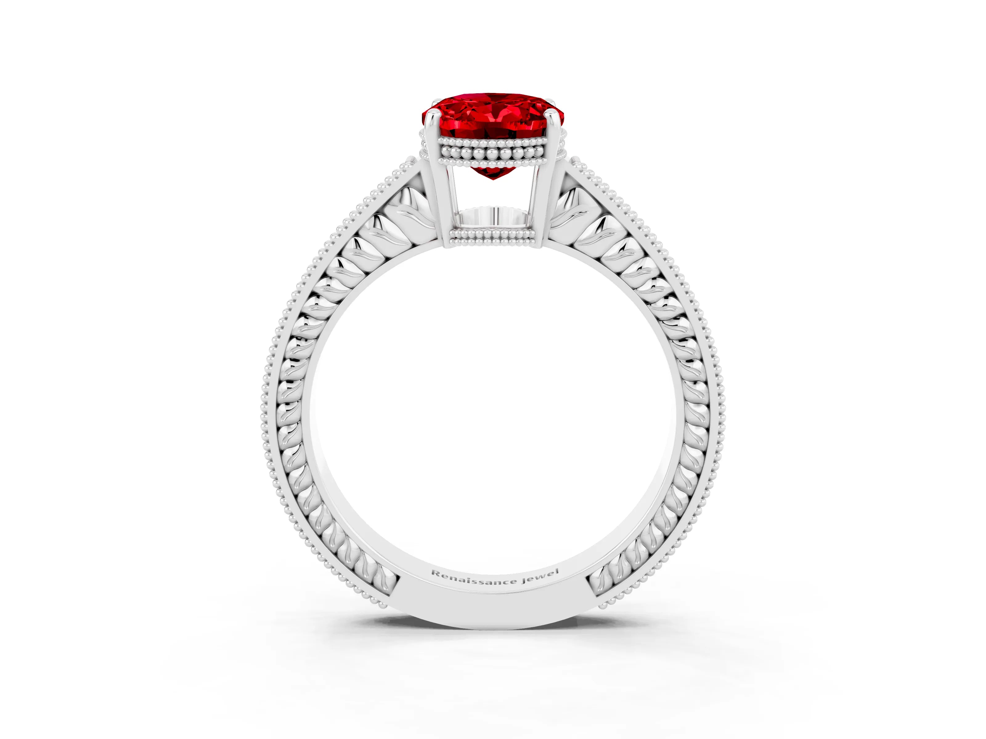 White gold Oval Cut Ruby Ring with Milgrain Pavé Band and Four-Prong Setting_15