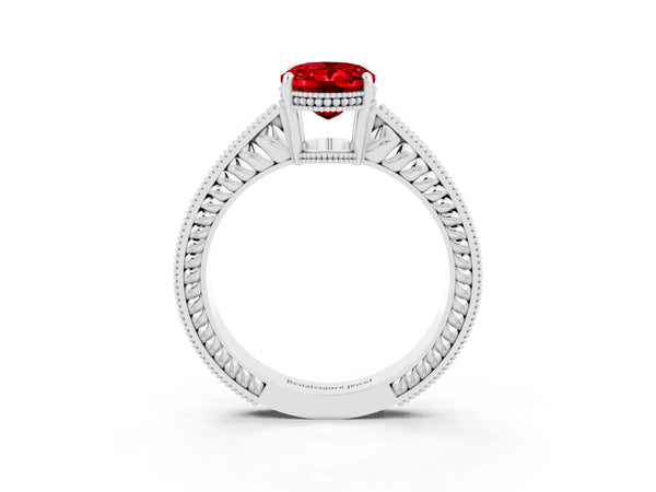 Silver Oval Cut Ruby Ring with Milgrain Pavé Band and Four-Prong Setting
