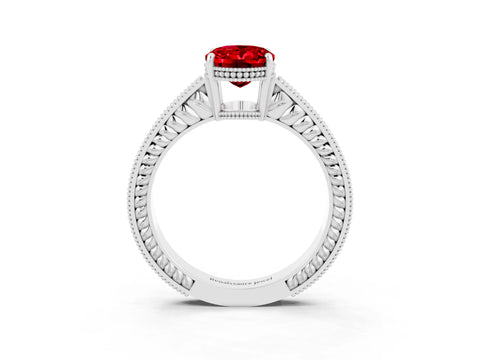 White gold Oval Cut Ruby Ring with Milgrain Pavé Band and Four-Prong Setting_15