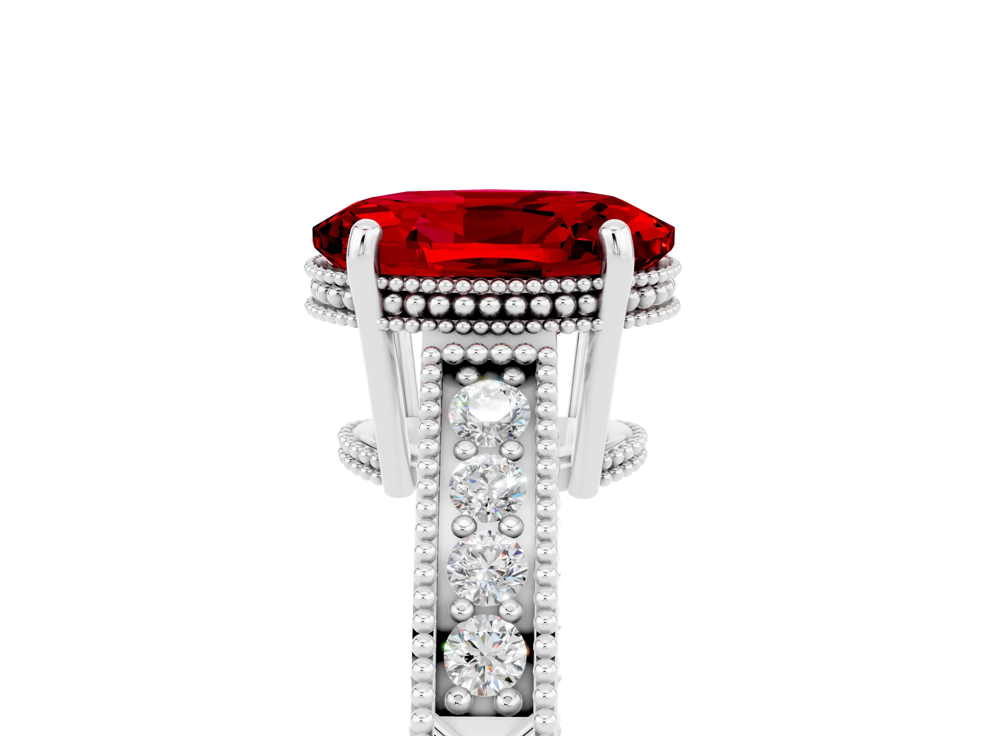 White gold Oval Cut Ruby Ring with Milgrain Pavé Band and Four-Prong Setting_17
