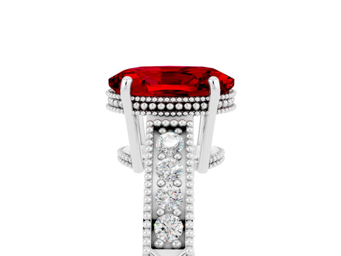White gold Oval Cut Ruby Ring with Milgrain Pavé Band and Four-Prong Setting_17