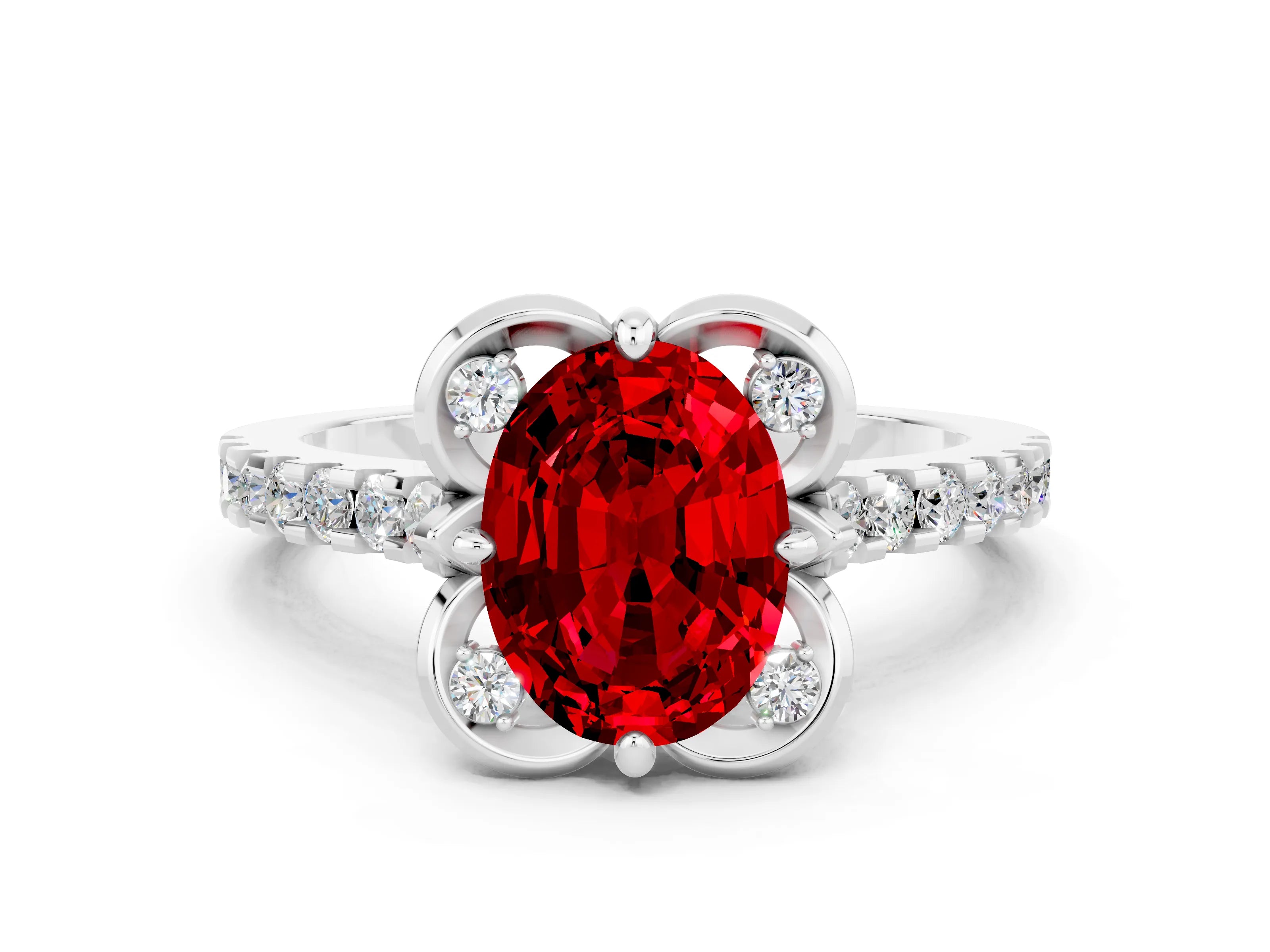 White gold Oval Cut Ruby Ring with Pavé Band and Floral Prong Setting