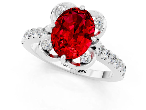 Platinum Oval Cut Ruby Ring with Pavé Band and Floral Prong Setting