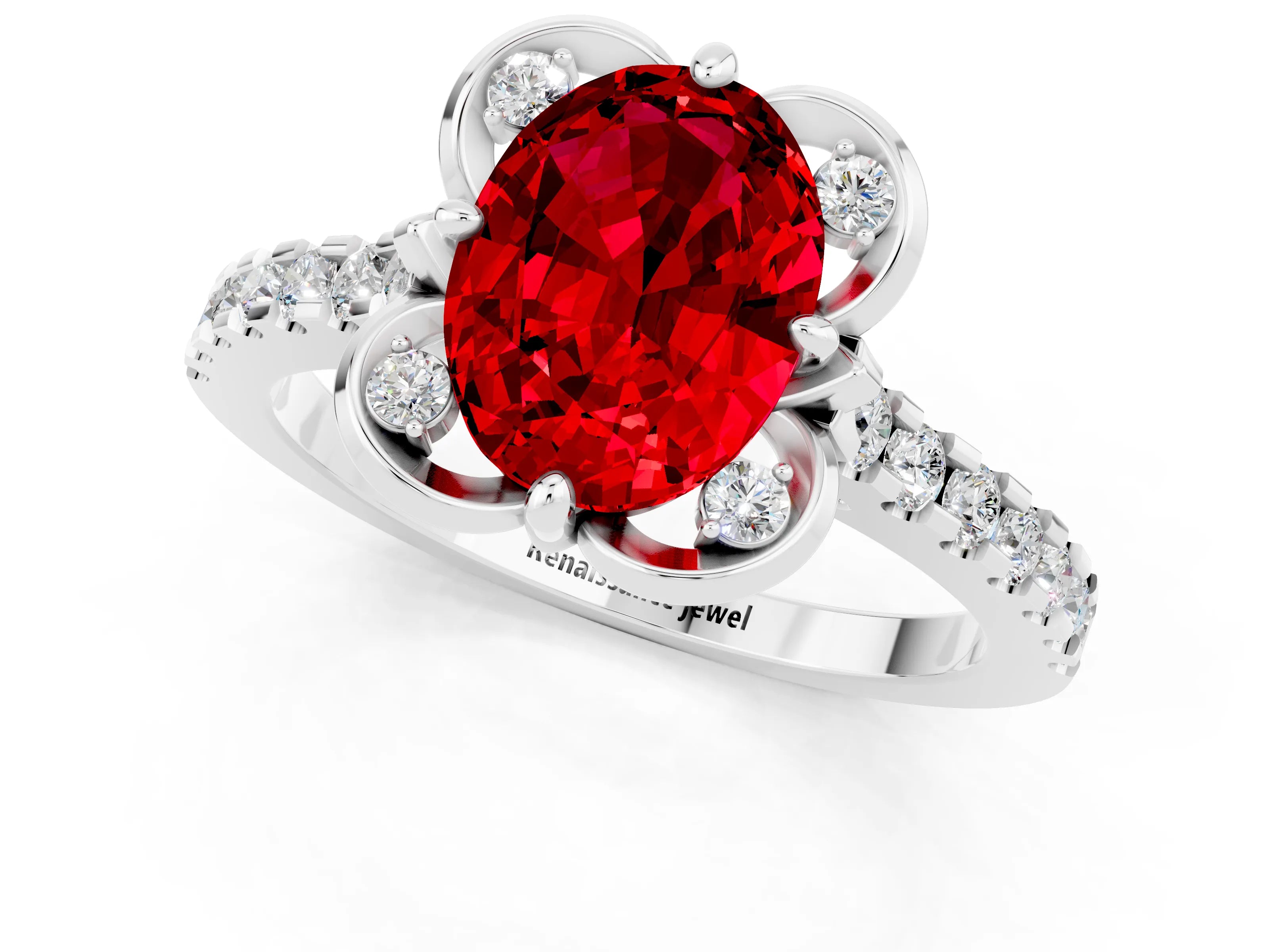 White gold Oval Cut Ruby Ring with Pavé Band and Floral Prong Setting_1