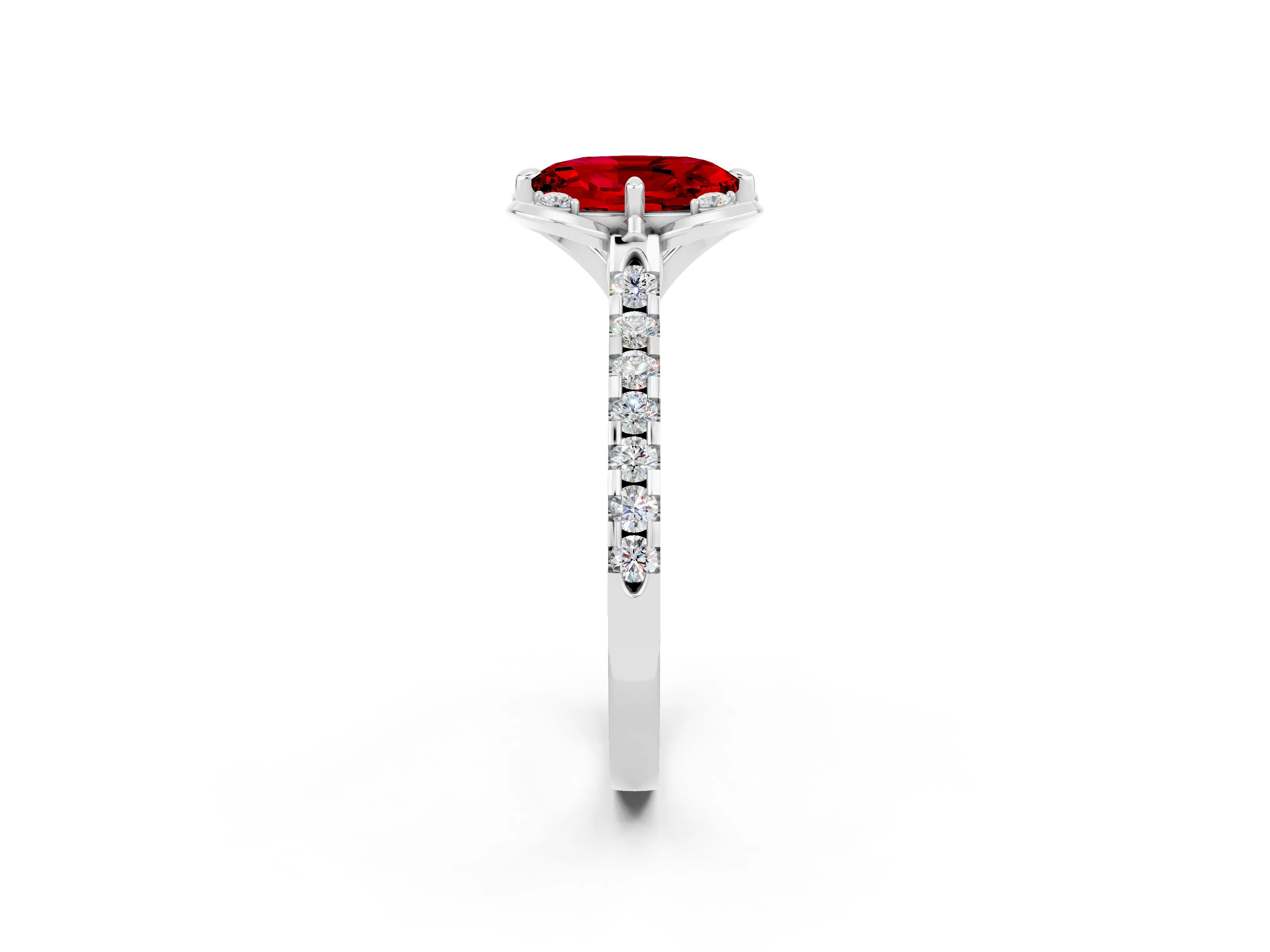 White gold Oval Cut Ruby Ring with Pavé Band and Floral Prong Setting_2