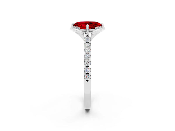 Platinum Oval Cut Ruby Ring with Pavé Band and Floral Prong Setting