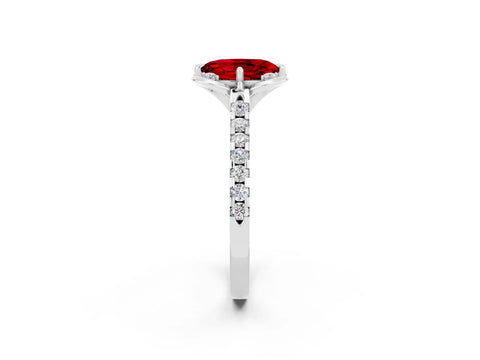 White gold Oval Cut Ruby Ring with Pavé Band and Floral Prong Setting_2