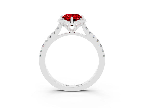 Platinum Oval Cut Ruby Ring with Pavé Band and Floral Prong Setting
