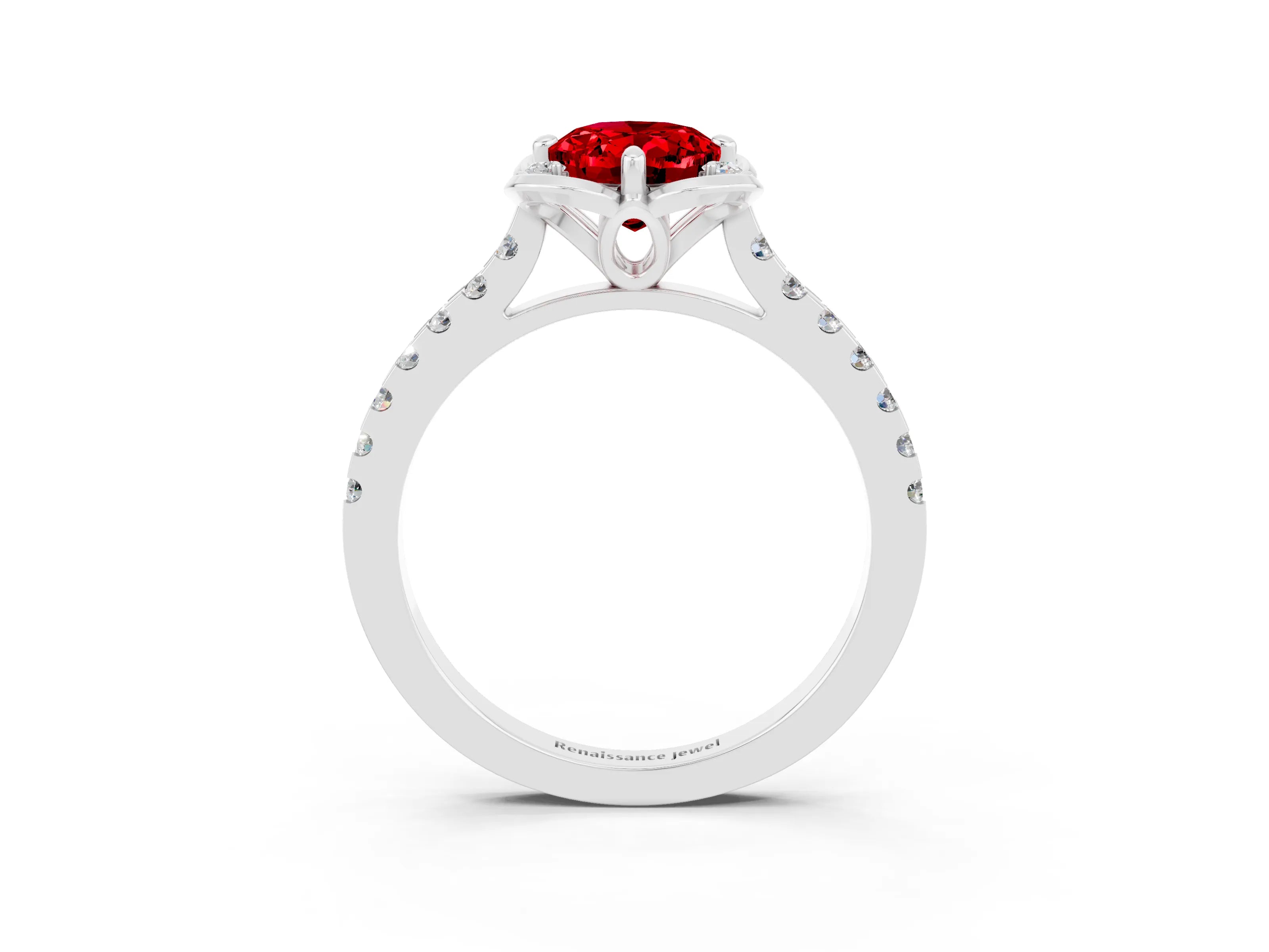 White gold Oval Cut Ruby Ring with Pavé Band and Floral Prong Setting_3