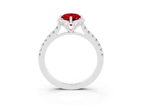 White gold Oval Cut Ruby Ring with Pavé Band and Floral Prong Setting_3