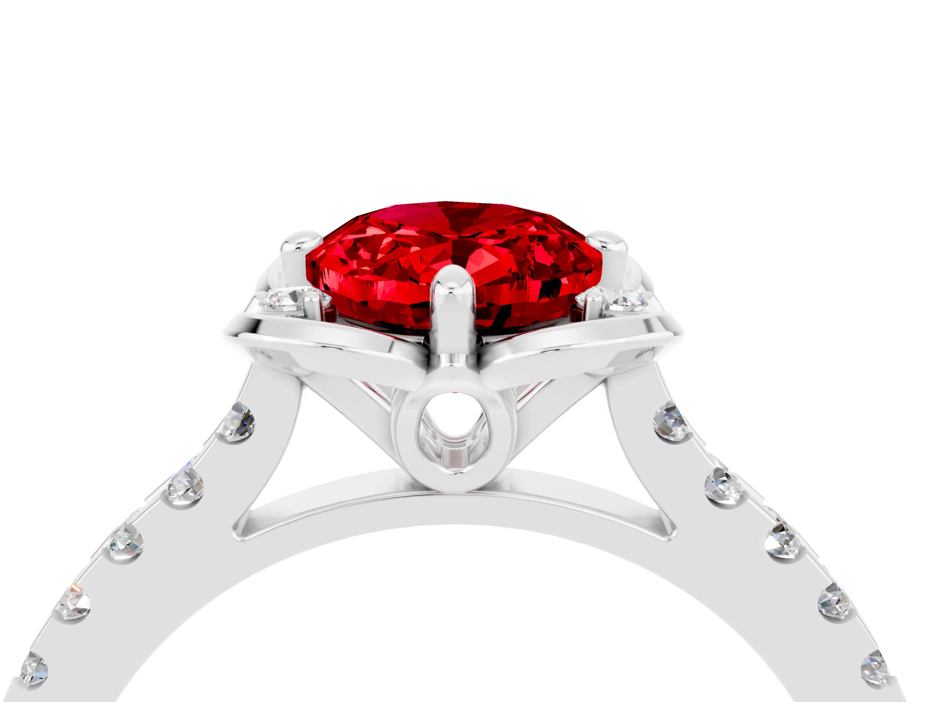 White gold Oval Cut Ruby Ring with Pavé Band and Floral Prong Setting_4