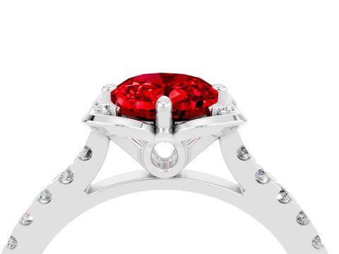 White gold Oval Cut Ruby Ring with Pavé Band and Floral Prong Setting_4