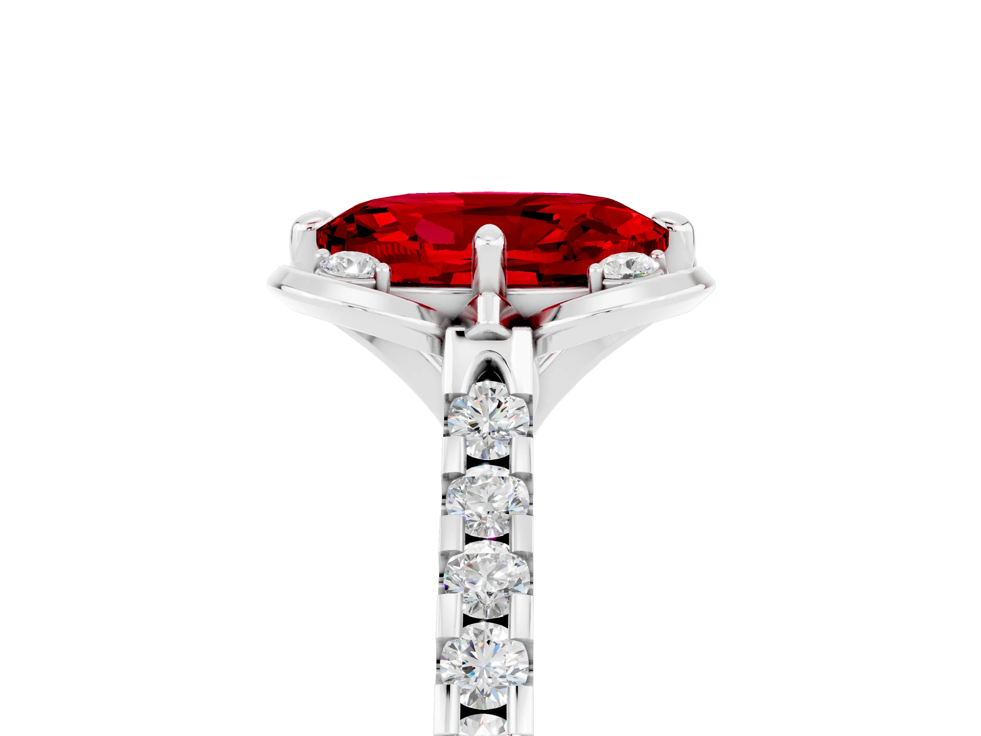 White gold Oval Cut Ruby Ring with Pavé Band and Floral Prong Setting_5
