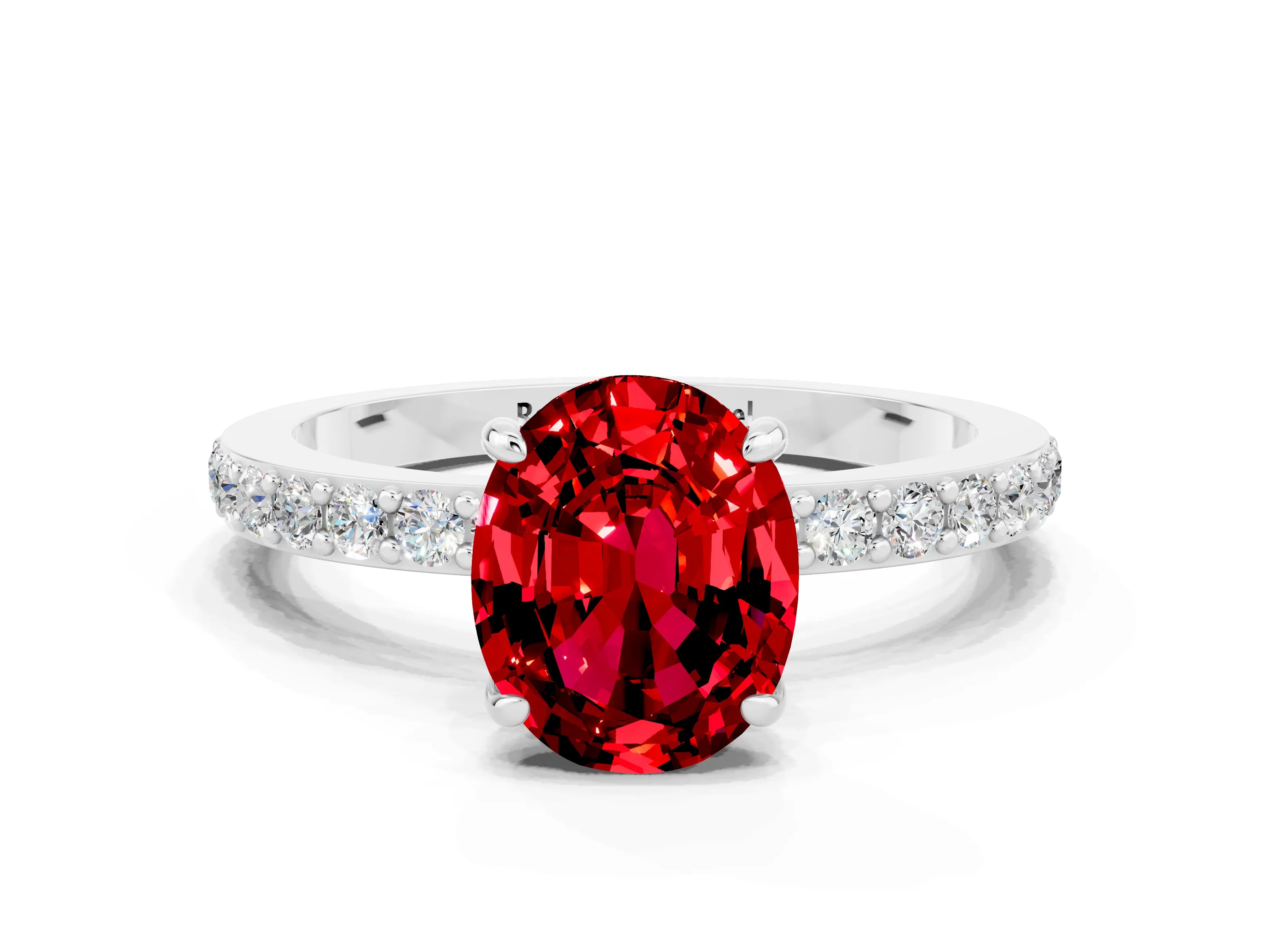 White gold Oval Cut Ruby Ring with Pavé Band and Four-Prong Setting