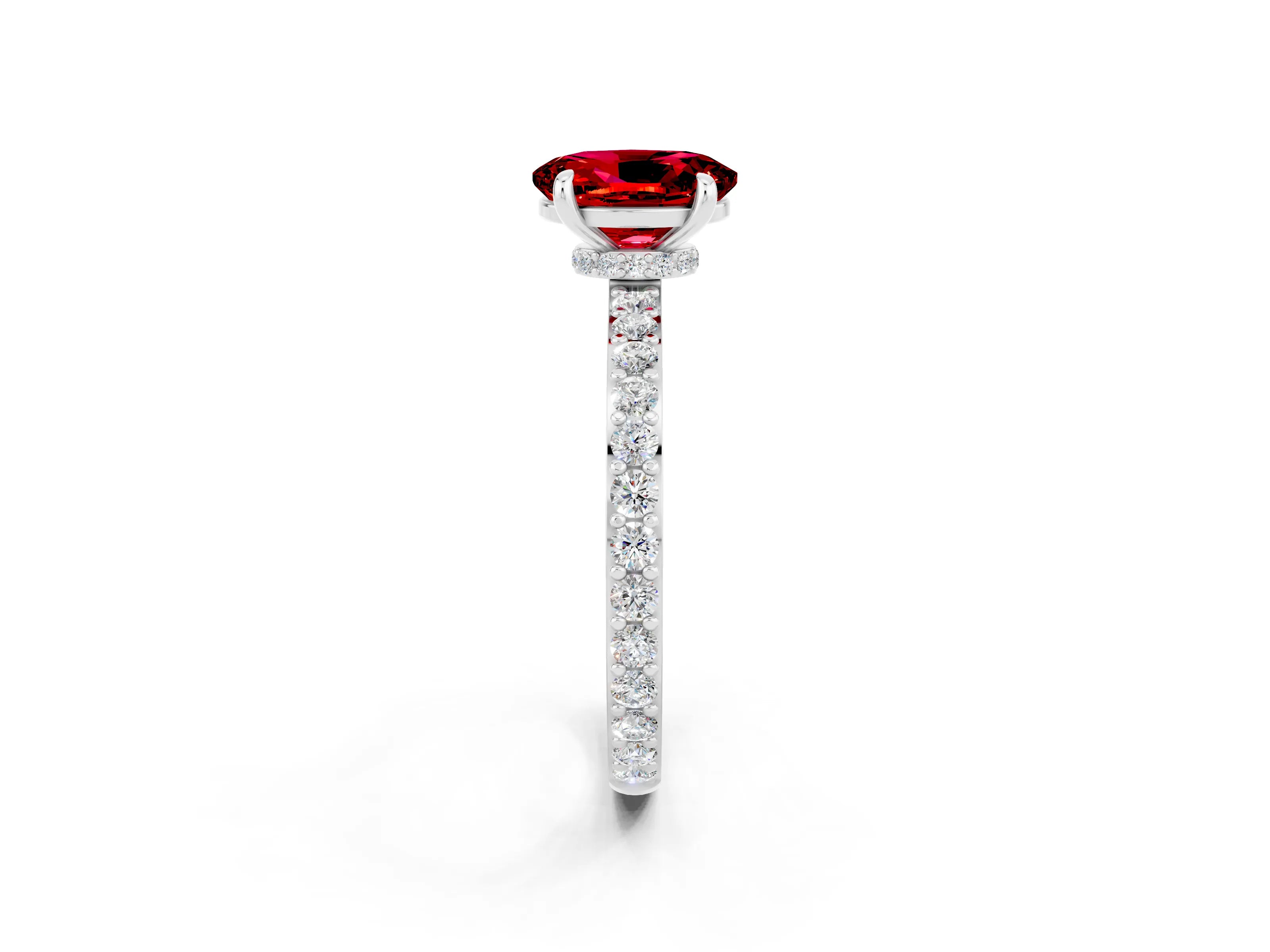 White gold Oval Cut Ruby Ring with Pavé Band and Four-Prong Setting_2