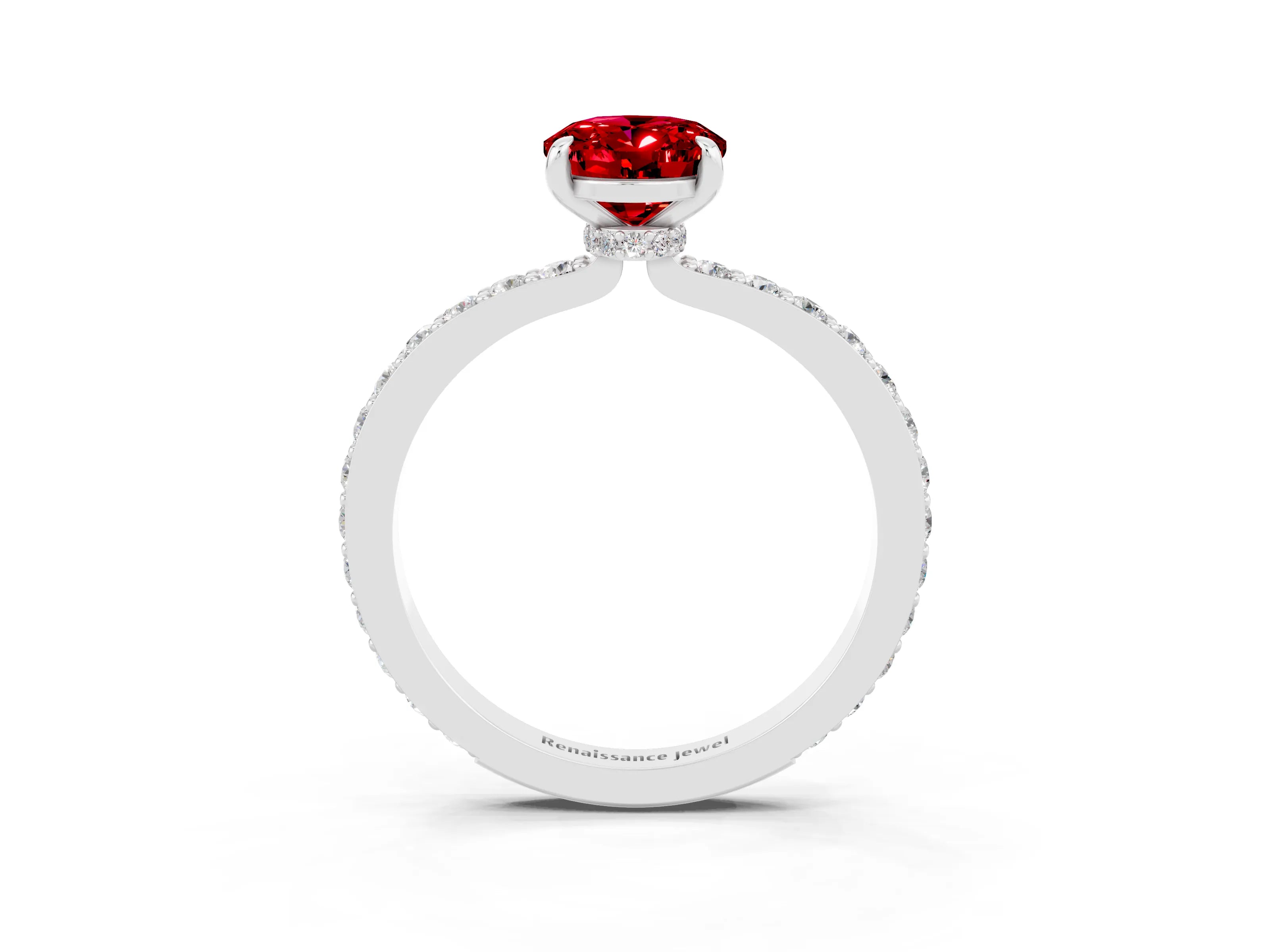 White gold Oval Cut Ruby Ring with Pavé Band and Four-Prong Setting_3