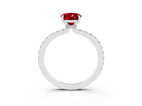 White gold Oval Cut Ruby Ring with Pavé Band and Four-Prong Setting_3