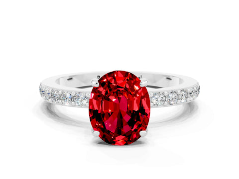 White gold Oval Cut Ruby Ring with Pavé Band and Four-Prong Setting
